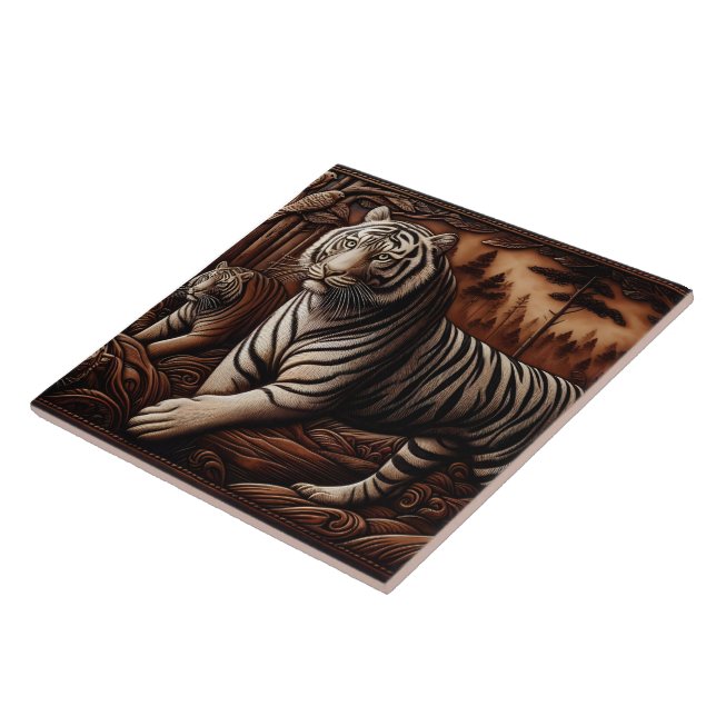 Azulejo Majestuosos tigres bengalíes desfilan en un bosque (Lado)