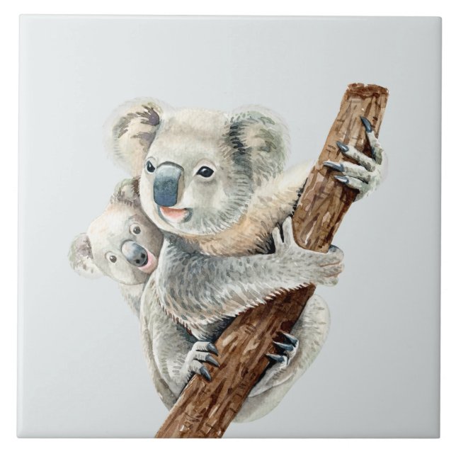 Azulejo Mamá y la acuarela del bebé Koala en gris claro (Frente)