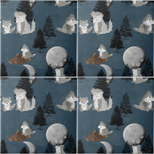 Azulejo Manada de lobos lindos, bosque, cielo nocturno y l