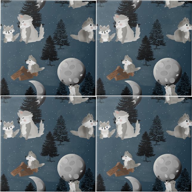 Azulejo Manada de lobos lindos, bosque, cielo nocturno y l (Cute Wolf Pack Woodland Night Sky Moon Ceramic Tile)