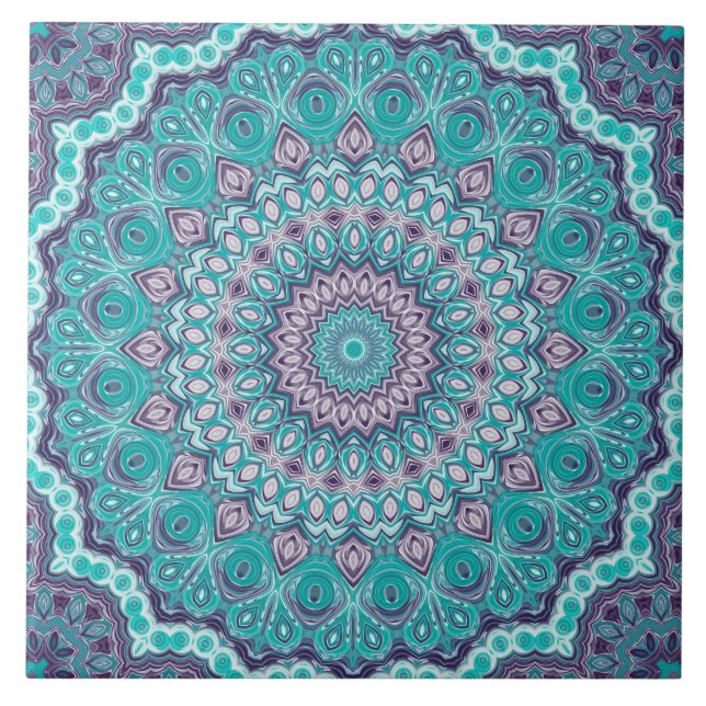Azulejo Mandala acuarela en Verde azulado y morado (Frente)