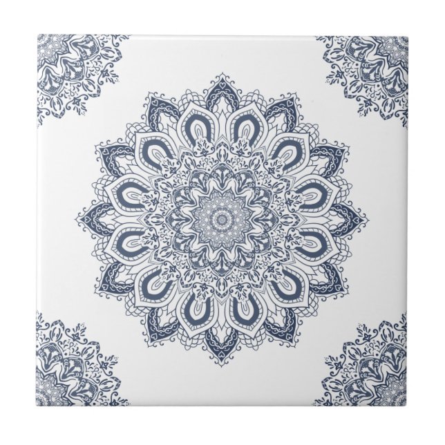 Azulejo Mandala azul blanco elegante (Frente)