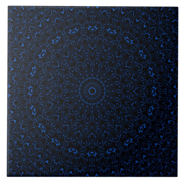 Azulejo Mandala azul cobalto con simetría intrincada (Frente)