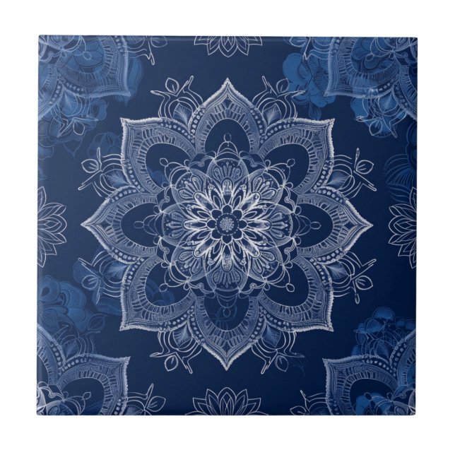 Azulejo Mandala azul de la Marina Boho artística (Frente)