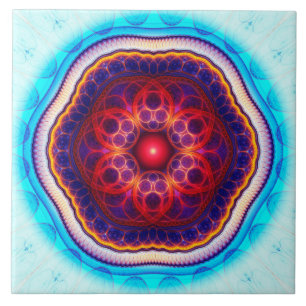 Azulejo Mandala azul rojo fractal armónico