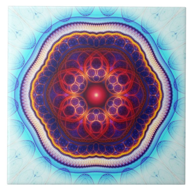 Azulejo Mandala azul rojo fractal armónico (Frente)
