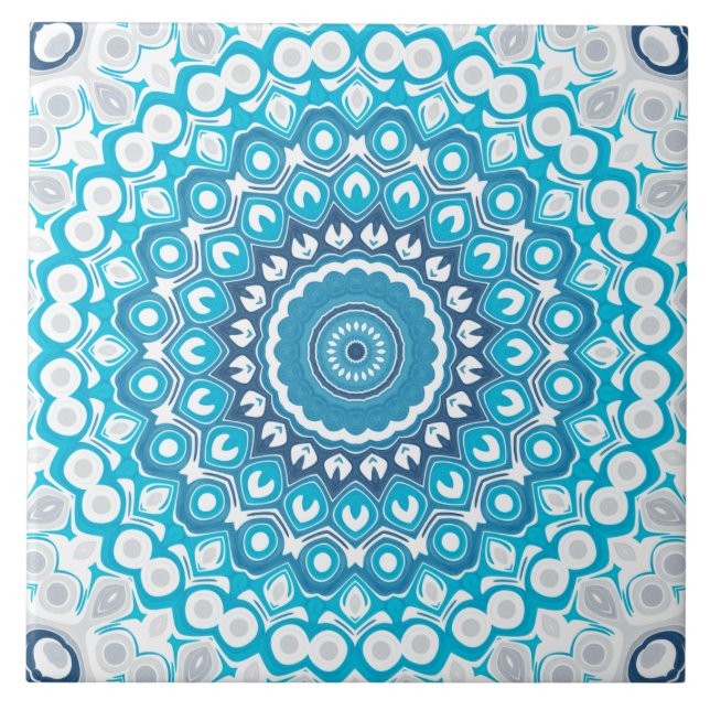 Azulejo Mandala azul y blanca helada geométrica de inviern (Frente)