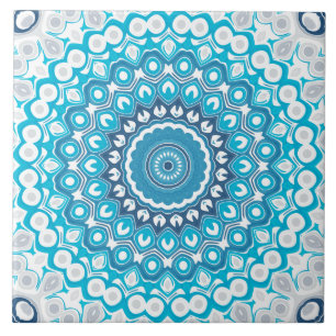 Azulejo Mandalá Azul y Blanco Hielo Geométrico de Invierno