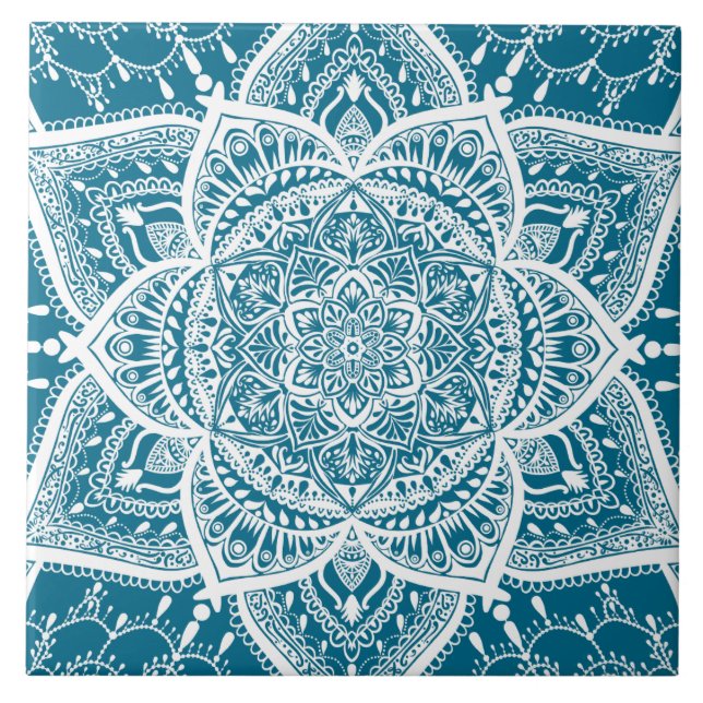 Azulejo Mandala azul y blanco - Loergann en madera (Frente)