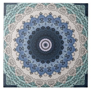 Azulejo Mandala azul y Verde azulada con simetría geométri