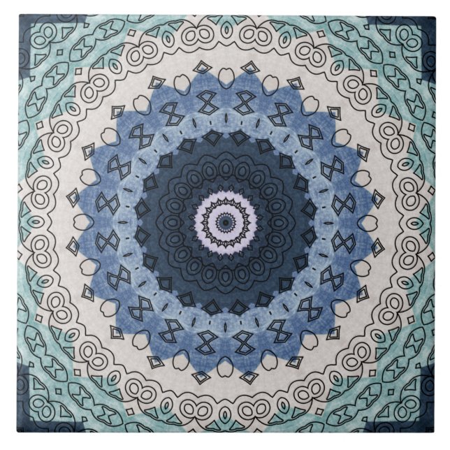 Azulejo Mandala azul y Verde azulada con simetría geométri (Frente)