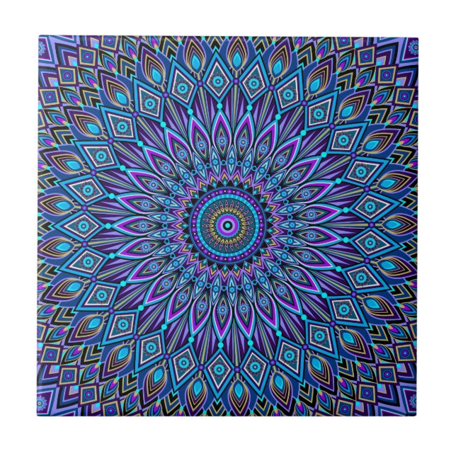 Azulejo Mandala Boho Azul Verde azulado Purple Peacock Ori (Frente)