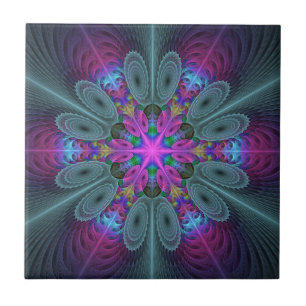 Azulejo Mandalá Colorido Arte Espiritual Fractal Con Rosa