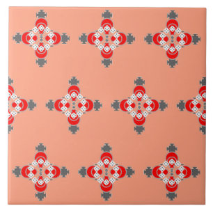 Azulejo Mandala, coral, gris/gris y rojo de cuatro puntos