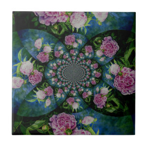 Azulejo Mándala de acuarela floral de peonía blanca rosa