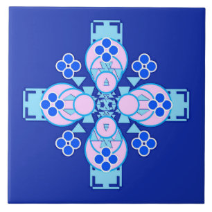 Azulejo Mandalá de cuatro puntos - orquídea, azul y cobalt