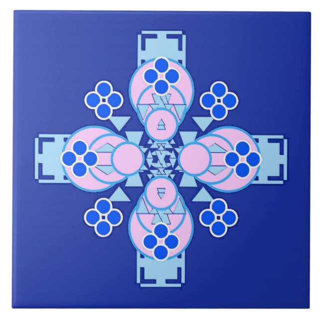 Azulejo Mandala de cuatro puntos: orquídea, azul y cobalto (Frente)