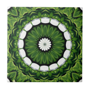 Azulejo Mandala de Flora Verde Tropical y Blanco