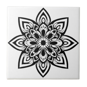 Azulejo Mandala de flores de ocho puntos en blanco y negro
