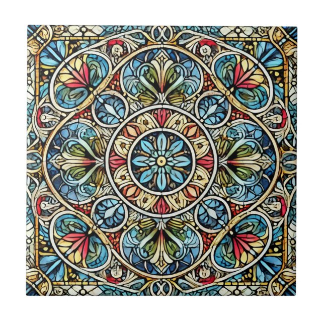 Azulejo Mandala de intrincada cristalera manchada (Frente)