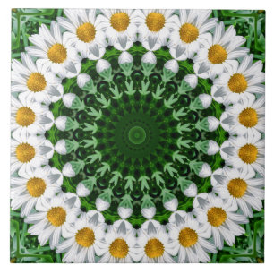 Azulejo Mandala de margarita blanca con simetría verde fre