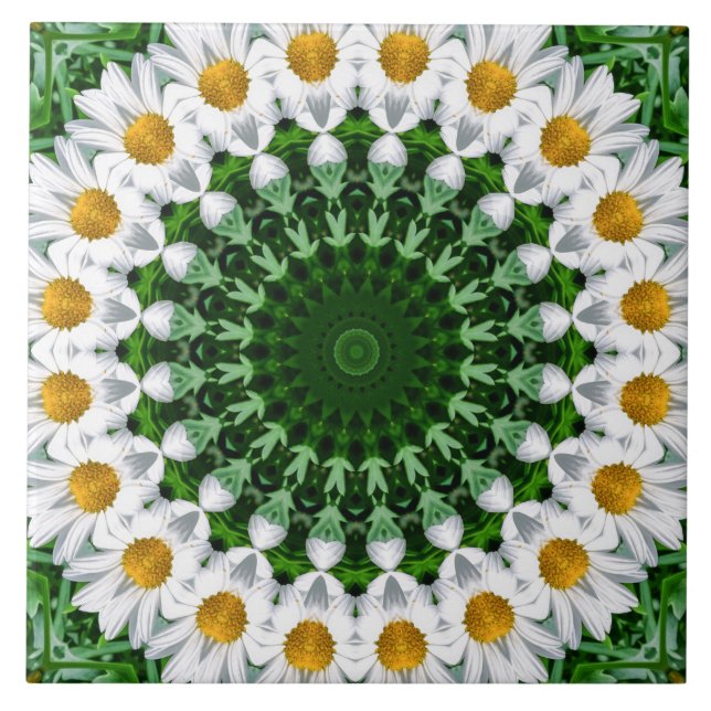 Azulejo Mandala de margarita blanca con simetría verde fre (Frente)