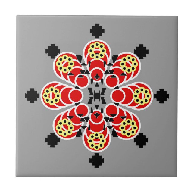 Azulejo Mandala de ocho puntos, rojo, gris y negro (Frente)
