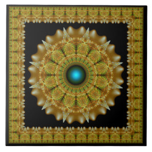 Azulejo Mándala de ornamento enmarcado fractal dorado