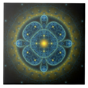 Azulejo Mandala de patrón fractal azul ornamental