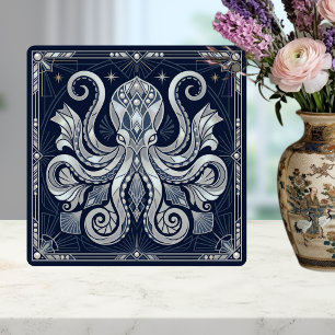 Azulejo Mandalá de plata Art Deco con pulpo Kraken