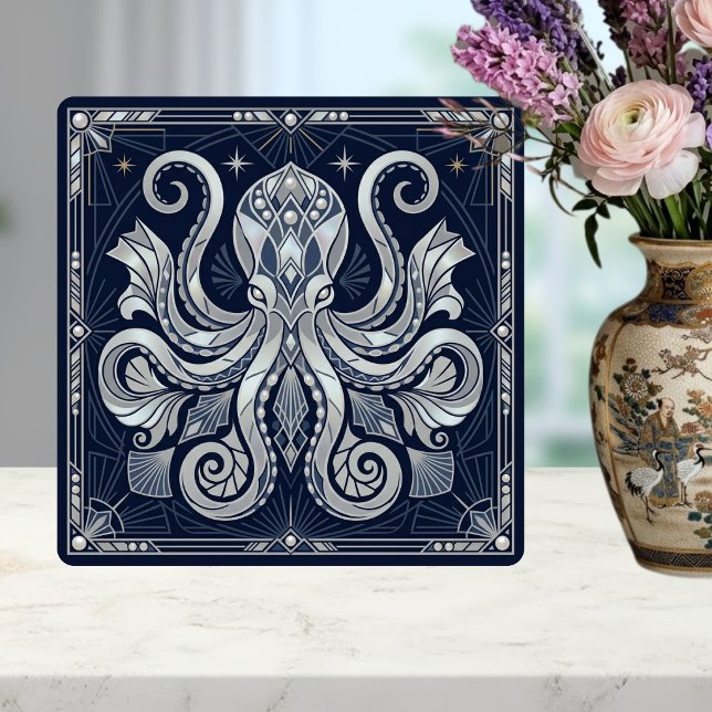 Azulejo Mandalá de plata Art Deco con pulpo Kraken (Subido por el creador)