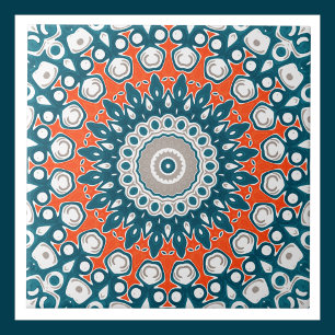 Azulejo Mándala decorativo de azul verdoso y naranja