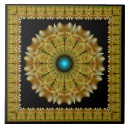 Azulejo Mandala dorada fractal enmarcada