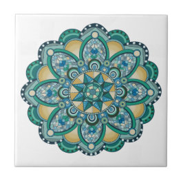 Azulejo Mandala en azul, verde y oro