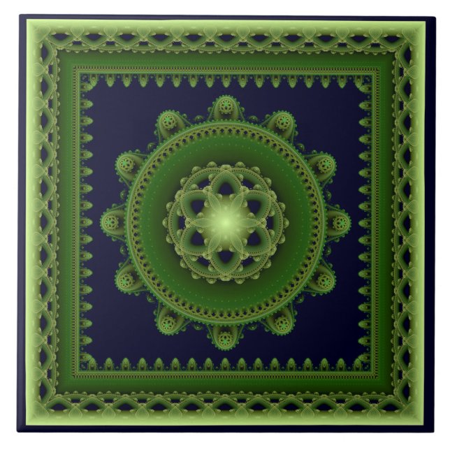 Azulejo Mandala enmarcado fractal espléndido verde (Frente)