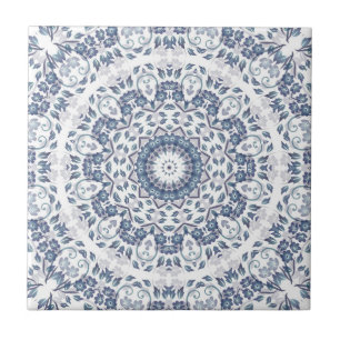 Azulejo Mándala floral azul polvoriento