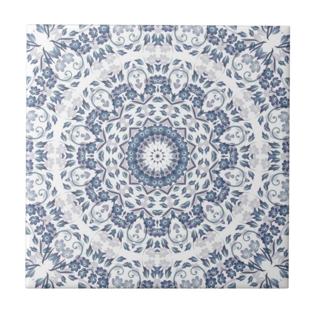 Azulejo Mándala floral azul polvoriento (Frente)
