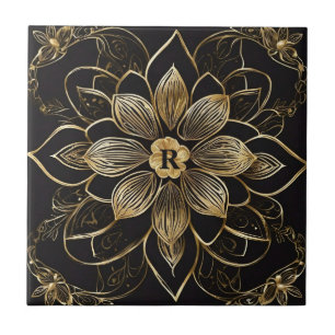 Azulejo Mandalá Floral Dorado Monograma Inicial Negro Eleg