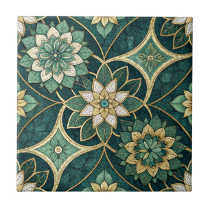 Azulejo Mandalá Floral Esmeralda y Dorado - Ornamental