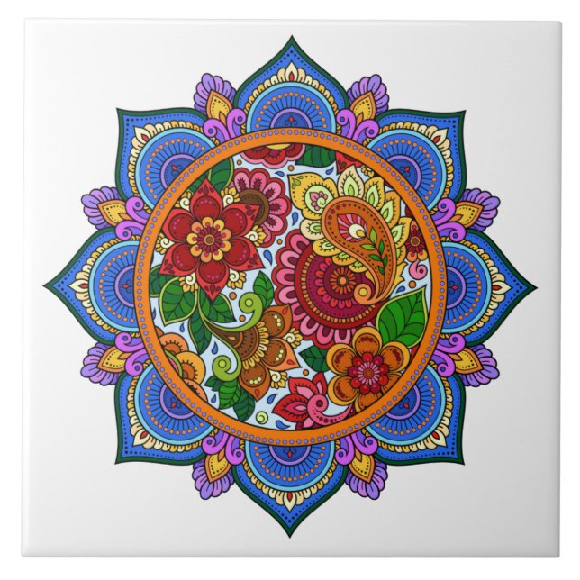Azulejo Mandala floral pintada de bonito (Frente)