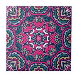 Azulejo Mandala floral rosa, Verde azulada y verde vibrant