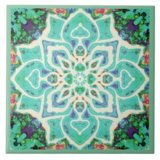 Azulejo Mandala floral verde retro mediterráneo