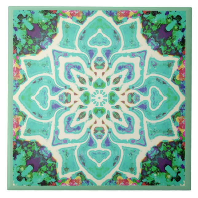 Azulejo Mandala floral verde retro mediterráneo (Frente)
