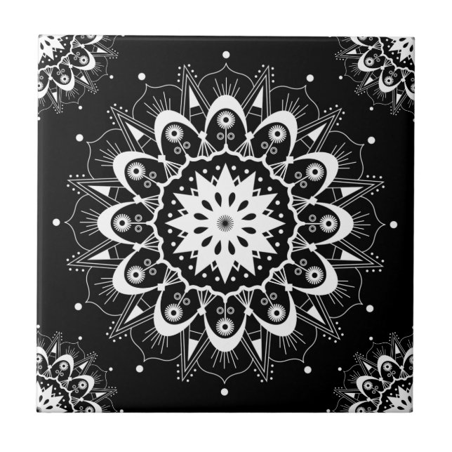Azulejo Mandala geométrica elegante floral blanca negra (Frente)