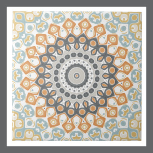 Azulejo Mandala geométrica en Naranja, gris y azul