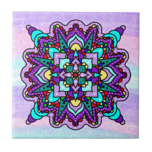 Azulejo Mandala mística colorida en morado y azul