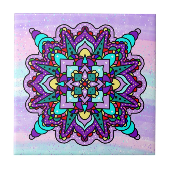 Azulejo Mandala mística colorida en morado y azul (Frente)