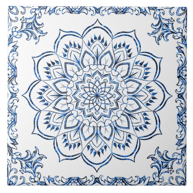 Azulejo Mandala mosaico de acento azul marroquí (Frente)