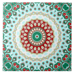 Azulejo Mandalá Navideño en Rojo, Verde y Azul Helado