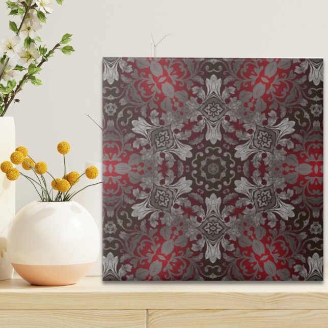 Azulejo mandala negra y roja metálica renacentista gótica (renaissance gothic metallic red and black mandala ceramic tile)
